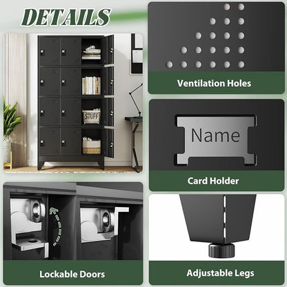 Metal Lockers for Employees-12 Doors Storage Locker with Shelves and Lockable Steel Cabinet for School,Gym,Office,Staff,Assembly Required,Black