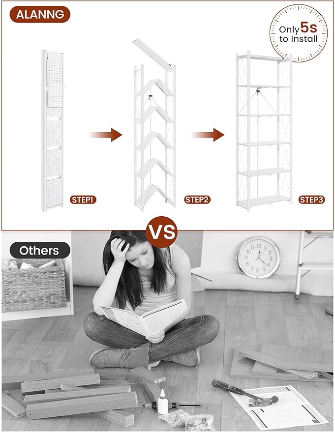 ALANNG 73.6 Inch Folding Bookshelf, 6 Tier Metal Bookcase and Bookshelves, Tall Shelves for Living Room Office Bedroom, Heavy Duty Book Shelve Free Standing Open (White, 4PACK)