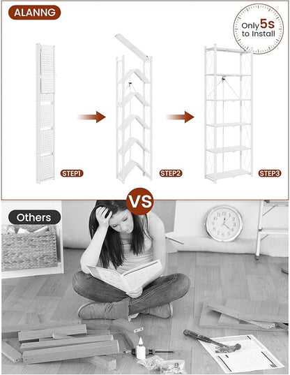 ALANNG 73.6 Inch Folding Bookshelf, 6 Tier Metal Bookcase and Bookshelves, Tall Shelves for Living Room Office Bedroom, Heavy Duty Book Shelve Free Standing Open (White, 4PACK)