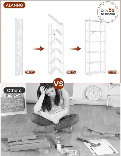 ALANNG 73.6 Inch Folding Bookshelf, 6 Tier Metal Bookcase and Bookshelves, Tall Shelves for Living Room Office Bedroom, Heavy Duty Book Shelve Free Standing Open (White, 1PACK)