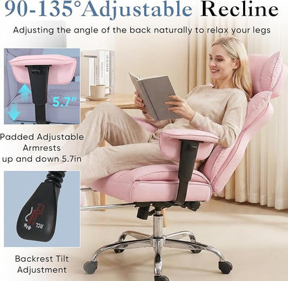 DUMOS Big and Tall Home Office Desk Chair, Ergonomic Executive Chair with Footrest, Computer Gaming Chairs with High Back Reclining, Adjustable Armrests and Comfy Lumbar Support, PU Leather, Pink