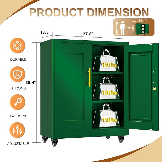 36" Metal Garage Storage Cabinet with Lock and Wheels,Rolling Steel Locker Organizer,Office File Cabinet with 2 Doors and 2 Adjustable Shelves,Tool Cabinets for Home Office,Gym,School (Green)