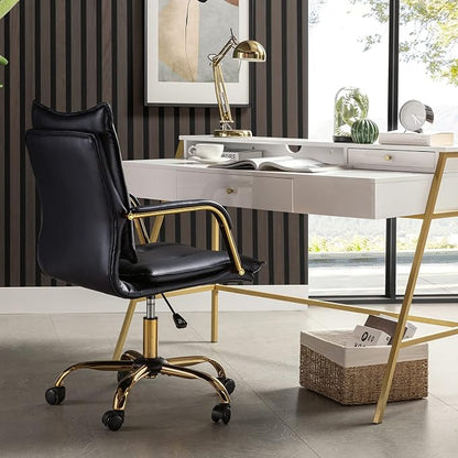 HULALA HOME Faux Leather Home Office Desk Chair, Adjustable Swivel Computer Chair with Golden Legs and Arms, Comfy Upholstered Task Chair, Navy
