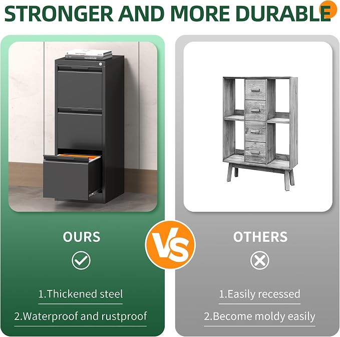 3 Drawer File Cabinet with Lock, Filing Cabinets for Home Office | Lockable File Cabinet, Metal File Cabinet, Heavy Duty File Storage Cabinet for Letter/Legal/A4/F4 Size, Assembly Require