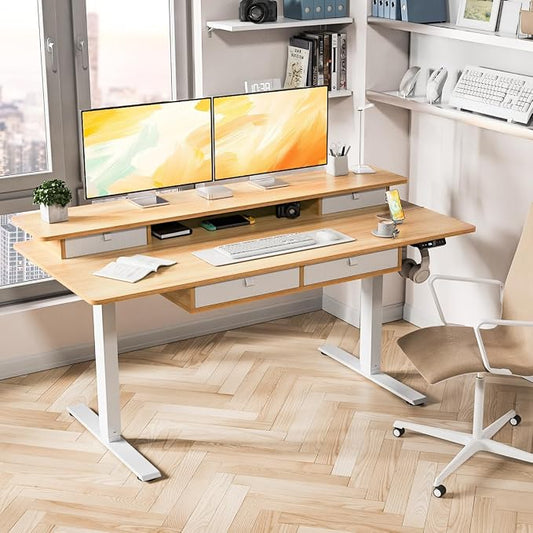 Kingant 63 x 30 Inch Electric Standing Desk with 4 Drawers, Adjustable Height Computer Desk for Home Office, Large Workstation Sit Stand Up Desk with Built-in USB A/C Ports, Nature