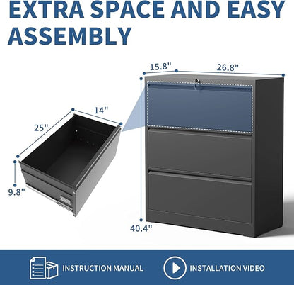 3 Drawer File Cabinet with Lock, Black Metal Lateral Filing Cabinets for Home Office, Heavy Duty Steel Horizontal Locking Storage Cabinet for Legal/Letter/A4 Size File, Assembly Required