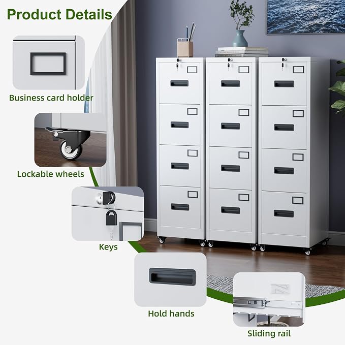Aobabo 4 Drawer Filing Cabinet with Wheels, Lockable Metal File Cabinet with Name Card for Office and Home,Required Assembly,White