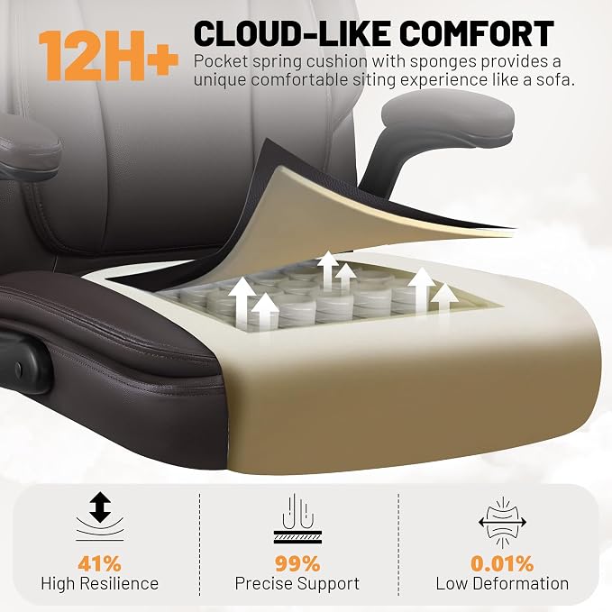 BestGlory Ergonomic Office Chair, PU Leather Executive Desk Chair with Adjustable Headrest, Flip-Up Arms and Lumbar Support, High Back Computer Chair for Home Office, Remote Work, Gaming, Coffee