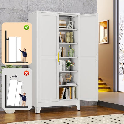 White Metal Storage Cabinet,75" Steel Cabinets for Home Office, Kitchen Pantry Storage Cabinet with Doors and 5 Adjustable Shelves, Tool Cabinets, for Office, Home, Garage, School, 36" W