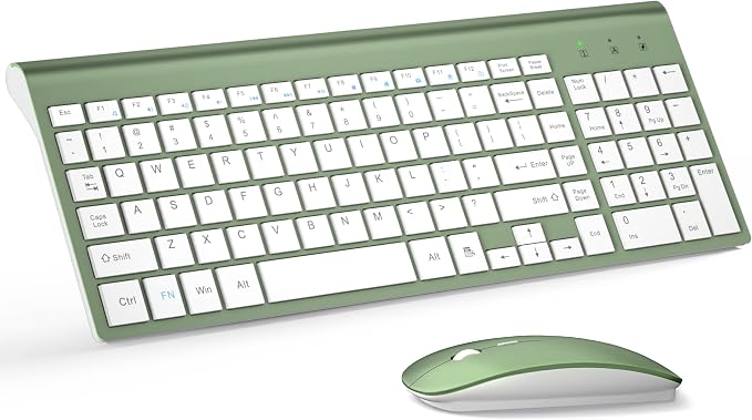 Wireless Keyboard and Mouse Ultra Slim Combo, TopMate 2.4G Silent Compact USB 2400DPI Mouse and Scissor Switch Keyboard Set with Cover, Batteries Included, for PC/Laptop/Windows/Mac - Green White