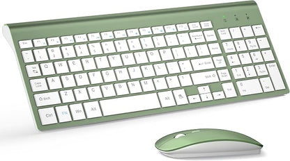 Wireless Keyboard and Mouse Ultra Slim Combo, TopMate 2.4G Silent Compact USB 2400DPI Mouse and Scissor Switch Keyboard Set with Cover, Batteries Included, for PC/Laptop/Windows/Mac - Green White