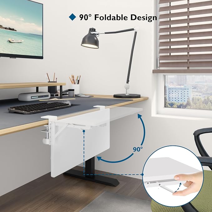 BONTEC Small Ergonomics Desk Extender Tray, 20x9.5 Inch Table Mount Arm Rest Shelf, 90° Foldable Keyboard Tray Platform, Clamp on Computer Arm Rest for Desk, Suitable for Office Desks, White