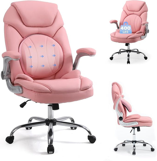 Ergonomic Executive Office Chairs with Adjustable Lumbar Support, 90-120° Rocking Managerial Chair Swivel Desk Chairs with Padded Flip-up Armrests (Pink), Medium(300lbs)