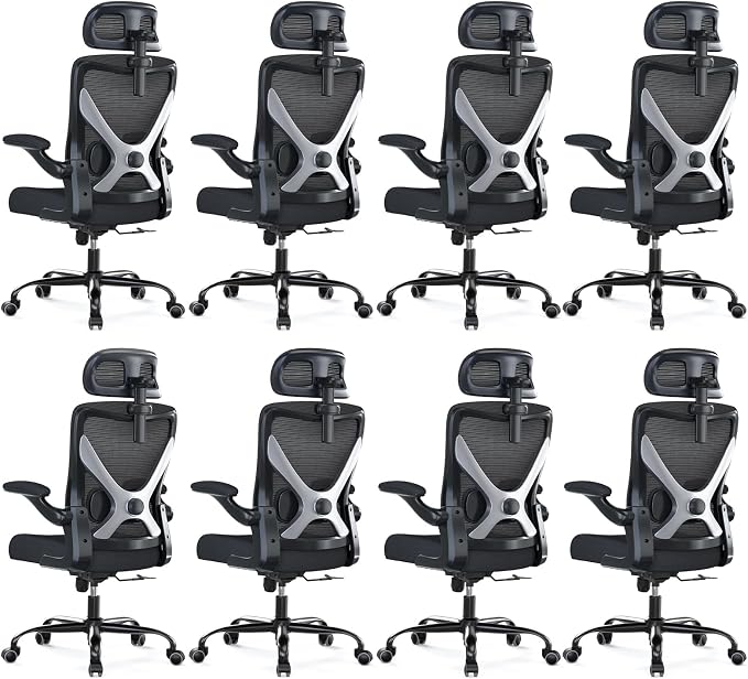 Ergonomic Office Chair - X-Shaped Computer Desk Chair Comfy, Gaming Chair, Office Chair with Lumbar Support, Mesh Office Chairs with Headrests, Desk Chair for Long Hours, Black Silver, Pack of 8