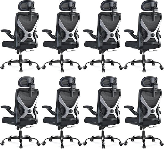 Ergonomic Office Chair - X-Shaped Computer Desk Chair Comfy, Gaming Chair, Office Chair with Lumbar Support, Mesh Office Chairs with Headrests, Desk Chair for Long Hours, Black Silver, Pack of 8
