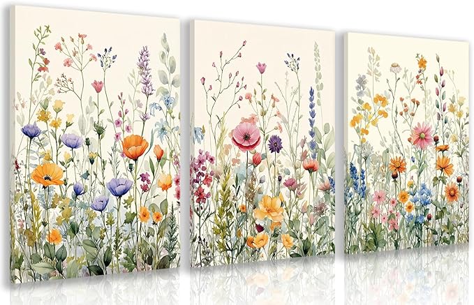 LLEEMPI Framed Watercolor Floral Wall Art Set of 3, Colorful Wildflower Wall Decor, Modern Abstract Botanical Canvas Painting, Rustic Farmhouse Poster Print for Bedroom Bathroom Office 16x24 Inch