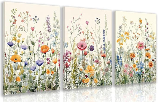 LLEEMPI Framed Watercolor Floral Wall Art Set of 3, Colorful Wildflower Wall Decor, Modern Abstract Botanical Canvas Painting, Rustic Farmhouse Poster Print for Bedroom Bathroom Office 16x24 Inch