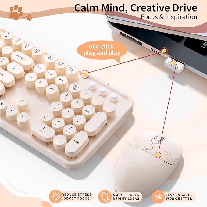 Wireless Keyboard and Mouse, MOFII 104 Round Keycaps Retro Typewriter with OTG & Brush, Full-Size Ergonomic, Ideal for Windows PC, Home, Office and College Brown