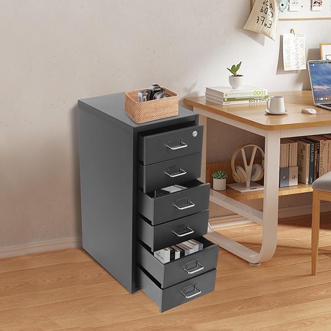 Vertical File Cabinet, 6 Drawers Rolling File Organizer Cabinets with Lock, Heavy Duty Metal Storage Cabinet, Movable Under Desk Filing Cabinet for Office, Study, Dresser (Black)