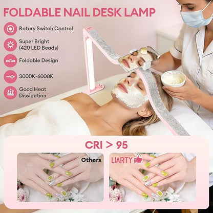 Arch Half Moon Light: Professional 34 inch 420 LED Beads - Nail Lamp for Desk Adjustable Brightness 3 Color Temperature - Foldable Nail Tech Light for Manicure Crafting (Pink)