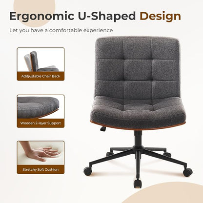 Furnimart Heavy-Duty FSC Wooden Wide Desk Chair, 360° Swivel Criss Cross Office Chair with Wheels, Comfy Cross Legged Sitting, Armless Rolling Chair for Bedroom, Office, Vanity(Linen Gray)