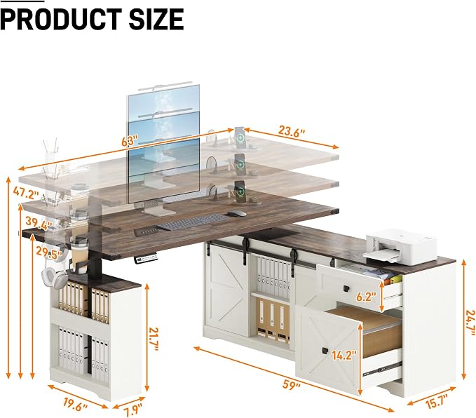 St.Mandyu 63" L Shaped Electric Standing Desk with File Drawer & Sliding Door, Height Adjustable Sit Stand Corner Computer Desk with Power Outlets, Drawers & Cup Holder for Home Office, White