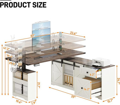 St.Mandyu 63" L Shaped Electric Standing Desk with File Drawer & Sliding Door, Height Adjustable Sit Stand Corner Computer Desk with Power Outlets, Drawers & Cup Holder for Home Office, White
