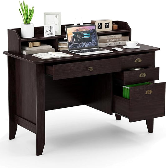 48" Computer Desk with 4 Storage Drawers and Hutch Wood Executive Table for PC Laptop