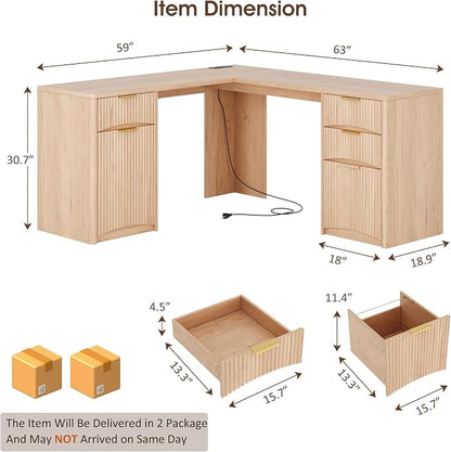 Whalefall 63'' Fluted L Shaped Desk with Drawers, Natural Oak | Corner Computer Desk with Charging Station, Modern Executive Home Office L Desk with File Cabinet Storage