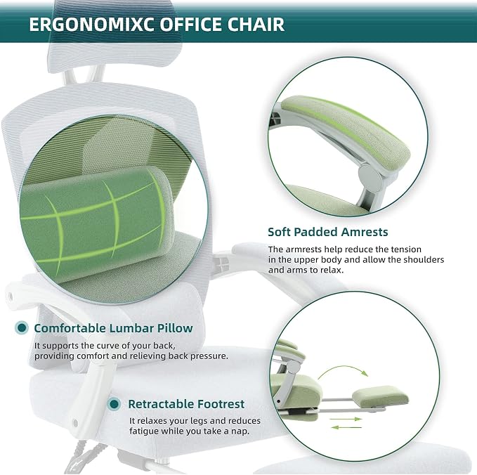 DUMOS Home Office Desk Chair with Footrest, High-Back Mesh Rolling Swivel Reclining Chairs with Wheels, Comfortable Headrest, Lumbar Support, Comfy Arms for Home, Office, Gaming, Elegant Green