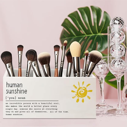 Inspirational Human Sunshine Wooden Pen Pencil Holder for Office Desk Accessories, Motivational Gifts for Women, Encouragement Gifts Makeup Brush Toothbrush Holder Organizer