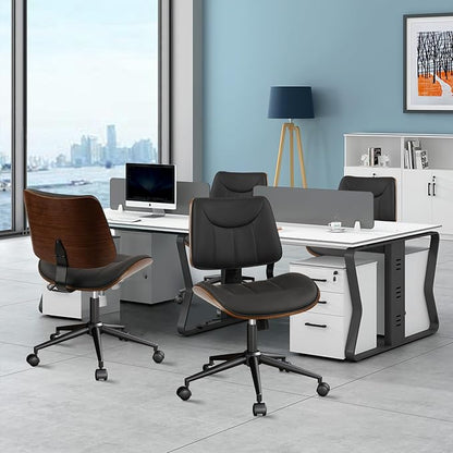 CLATINA Office Chair Armless with Wheels, Mid-Century Modern Walnut Desk Chair, Adjustable Height Reading Chair, PU Leather Mid Back & Swivel Computer Chairs for Home Meeting Room Bedroom, Black(4 PK)