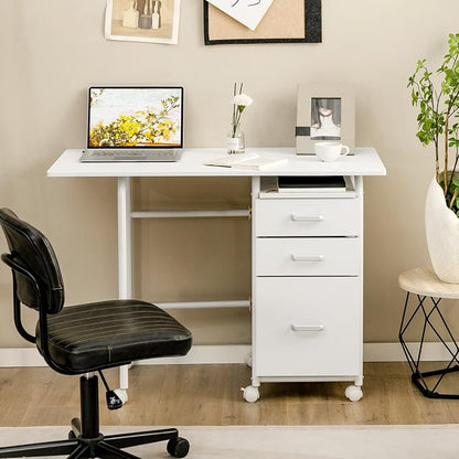 Tangkula White Folding Desk with 3 Drawers, Mobile Home Office Desk Study Writing Desk with Smooth Wheels, Space Saving Compact Table for Dorm Apartment, Rolling Couch Desk Table