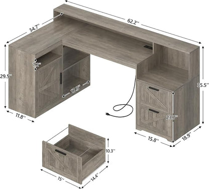 TVU Farmhouse L Shaped Desk with Drawers, 62.2" Home Office Desk with Storage Shelves and Power Outlet, L Shaped Computer Desk with Monitor Stand and Printer Shelf, Gray