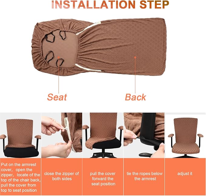 Tatuo 3 Pcs Computer Office Chair Cover Universal Rotating Chair Slipcovers Protector Removable Washable Office Armrest Covers with Zipper for High Back Seat Backrest(L,Merbau,Coffee)