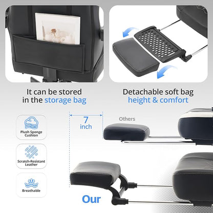 Desk Computer Gaming Chair - Ergonomic Game Office Chair with Extended Footrest and Massage Lumbar Support, Home Gamer Video Game Chairs with Spring Cushion for Adults (Pro Black Leather)