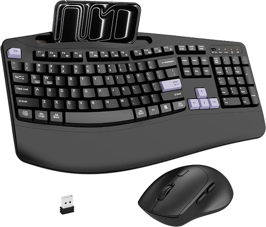 Wireless Keyboard and Mouse Combo, 2.4G Full Size Wave Keys Ergonomic Keyboard with Wrist Rest, Phone Holder, 3-Level DPI Wireless Silent Mouse with 6-Buttons, for Windows, Mac OS (Purple Black)