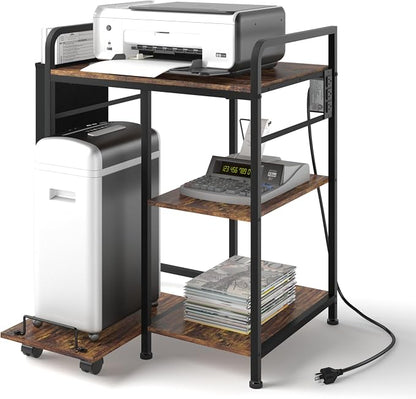 Sedegn Large Printer Stand with 3 AC Outlets for Home Office Devices | Heavy-Duty Printer Table for Laser Printer, Side Paper Storage Bag, 3-Tier Organizer for Shredder, PC Tower & Supplies, Brown