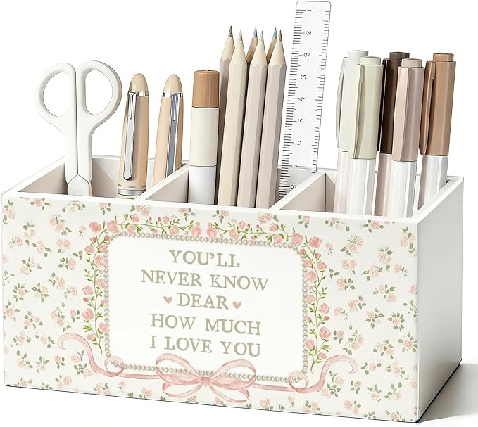 Pink Floral Pen Pencil Holder for Desk, Girl Nursery Decor, You'll Never Know Dear How Much I Love You Wooden Box Sign Decorations for Girls Room Bedroom Playroom Classroom Desk Tabletop