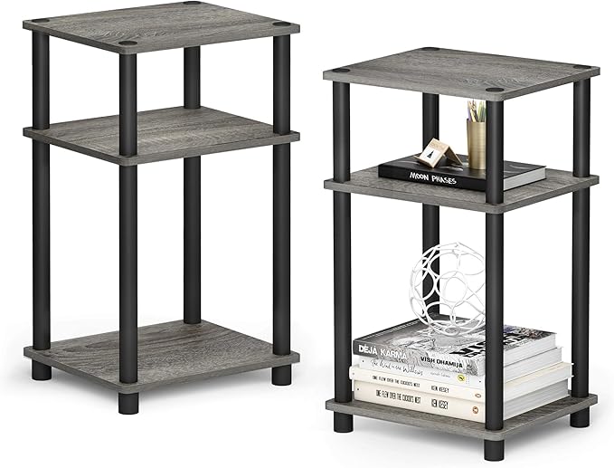 Furinno JUST Side Table Set of 2, 3-Tier Modern End Tables, Open Shelves Night Stand, Nightstand Set, Toolless Assembly, for Living Room, Bedroom, French Oak