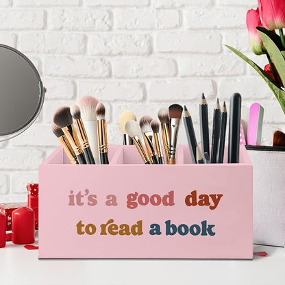 Pink Wooden Bookmark Pen Pencil Holder Decor for Desk, Book Lover Gifts, It's a Good Day to Read a Book Wood Makeup Brush Toothbrush Holder Organizer for Reading Corner Room Library