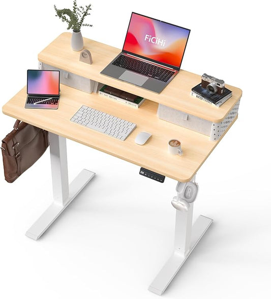 FiCiHi 35x20 Inch Standing Desk with Drawers, C-Clamp Mount Compatible, Electric Adjustable Height Computer Small Stand Up Desks, Home Office Sit Stand Table with 3 Preset Heights, Maple