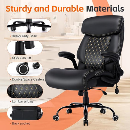 Big and Tall Office Chair 600lbs, Heavy Duty Ergonomic Executive Desk with Adjustable Armrests, Wide Seat, PU Leather Fabric, Air-Adjust Lumbar, Comfortable Office Chair for Heavy People