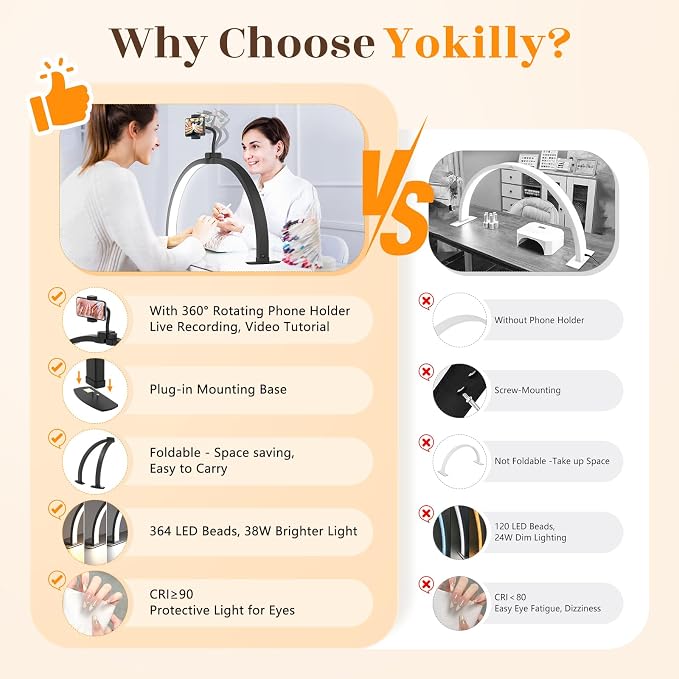 Yokilly Half Moon Light for Nail Desk: 29" Foldable Half Moon Nail Desk Lamp with Phone Holder for Beginner - Arch Tech Light with 3 Color Modes & 10 Brightness for Manicure Salon (Black, Large)