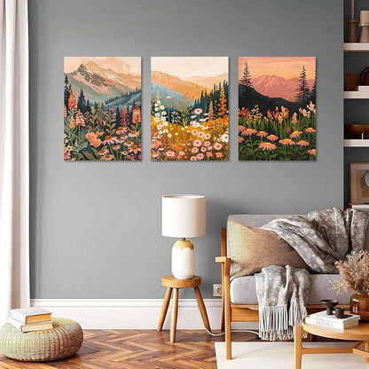 Boho Colorful Watercolor Mountain Canvas Wall Art Set of 3, Wildflower Posters Wall Decor, Abstract Nature Landscape Artwork Paintings Picture Print for Living Room Bedroom Office 12x16 Inch Framed