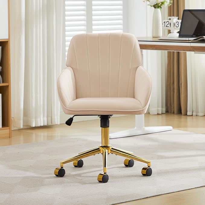 YITAI Velvet Office Desk Armchairs with Gold Base and Wheels,Modern Height Adjustable 360 Degree Swivel Upholstered Vanity Chairs for Living/Room Bedroom/Study,Khaki