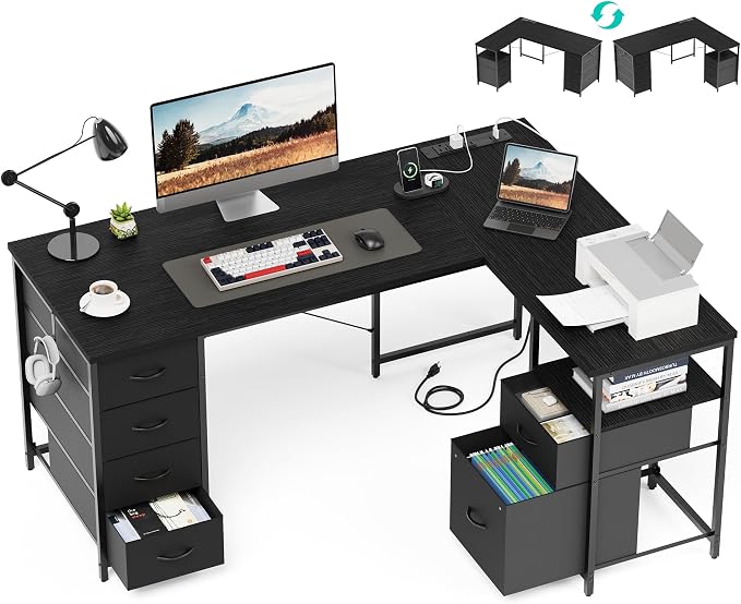 YOUDENOVA 55 Inch L Shaped Desk with Power Outlets & Type-C Port, Reversible Corner Computer Desk with 6 Drawers & File Cabinet, Large Workstation for Home Office, Gaming, Study, Black