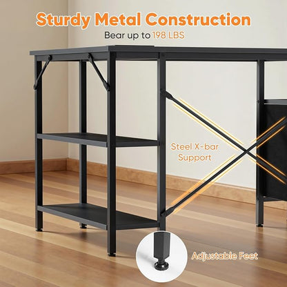 DUMOS L Shaped Desk with Shelf Drawers 55 Inch, Black Corner Computer Desks Gaming with Power Outlet, Study Table with Adjustable Shelves, Home Office Tables for Bedroom Teacher Reading Writing