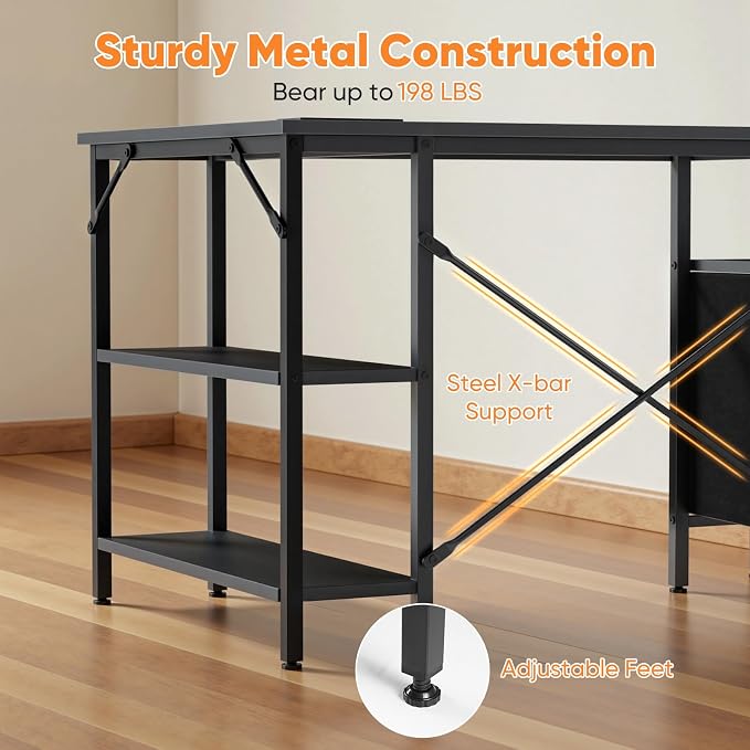 DUMOS L Shaped Desk with Shelf Drawers 47 Inch, Black Corner Computer Desks Gaming with Power Outlet, Study Table with Adjustable Shelves, Home Office Tables for Bedroom Teacher Reading Writing