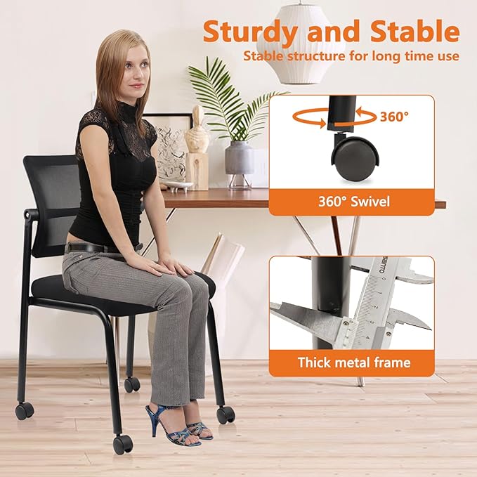 CLATINA Stacking Armless Office Waiting Room Chair with Wheels, Stackable Mesh Guest Reception Desk Chairs with Adjustable Backrest for Conference Lobby Side School, Black, 2 Pack